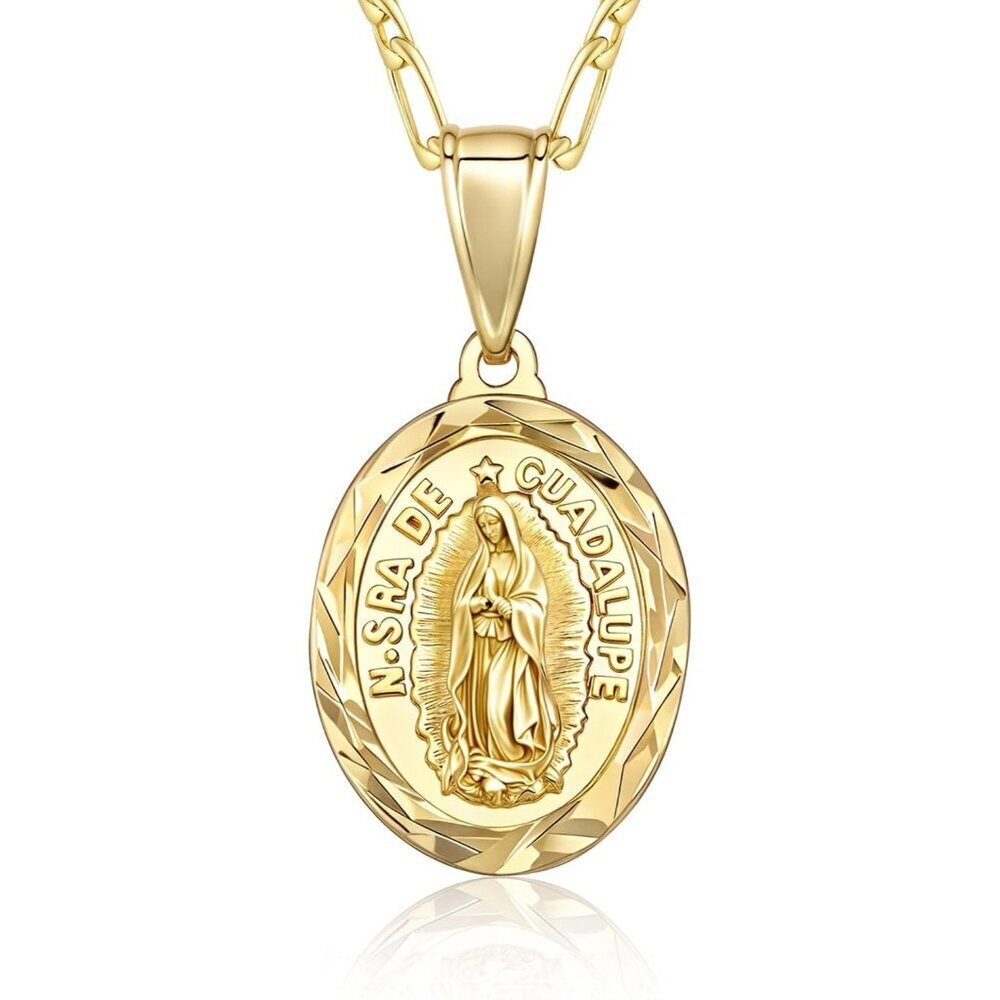 Catholic Virgin Mary Necklace 14K Gold Round Plated Guadalupe Pendant Women Gift